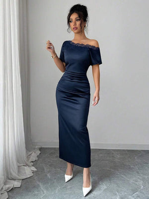 Vestido Asimétrico Elegante Con Encaje Azul Marino