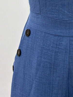 Jumpsuit Azul De Pierna Ancha Con Espalda Descubierta