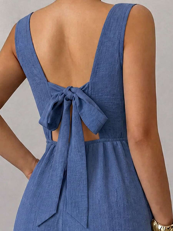 Jumpsuit Azul De Pierna Ancha Con Espalda Descubierta