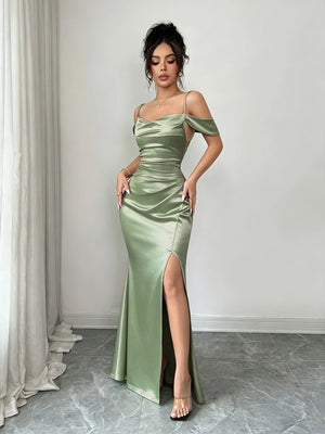 Vestido De Fiesta Satinado Verde Menta Con Hombros Descubiertos
