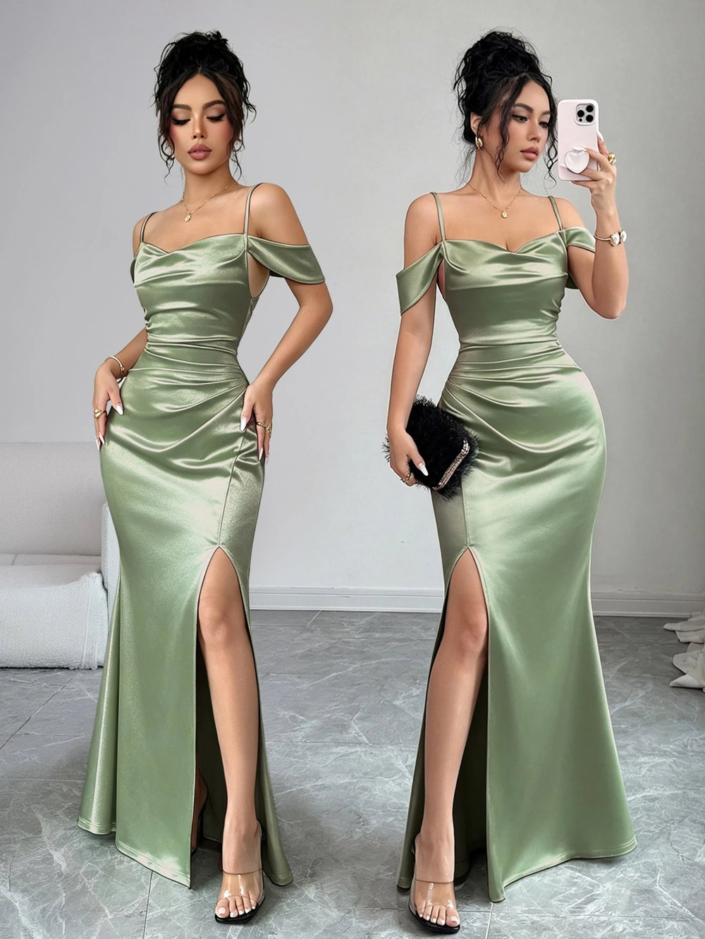 Mujer posando de frente con un vestido largo de fiesta satinado en color verde menta, con hombros descubiertos y abertura en la pierna.