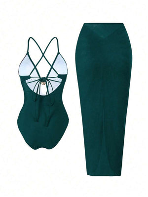 Vestido Maxi Verde con Escote Profundo y Detalle de Concha