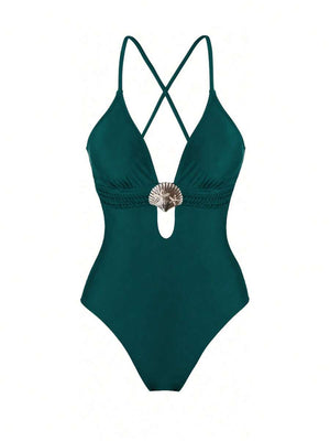 Vestido Maxi Verde con Escote Profundo y Detalle de Concha