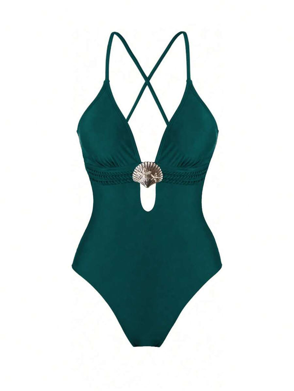 Vestido Maxi Verde con Escote Profundo y Detalle de Concha