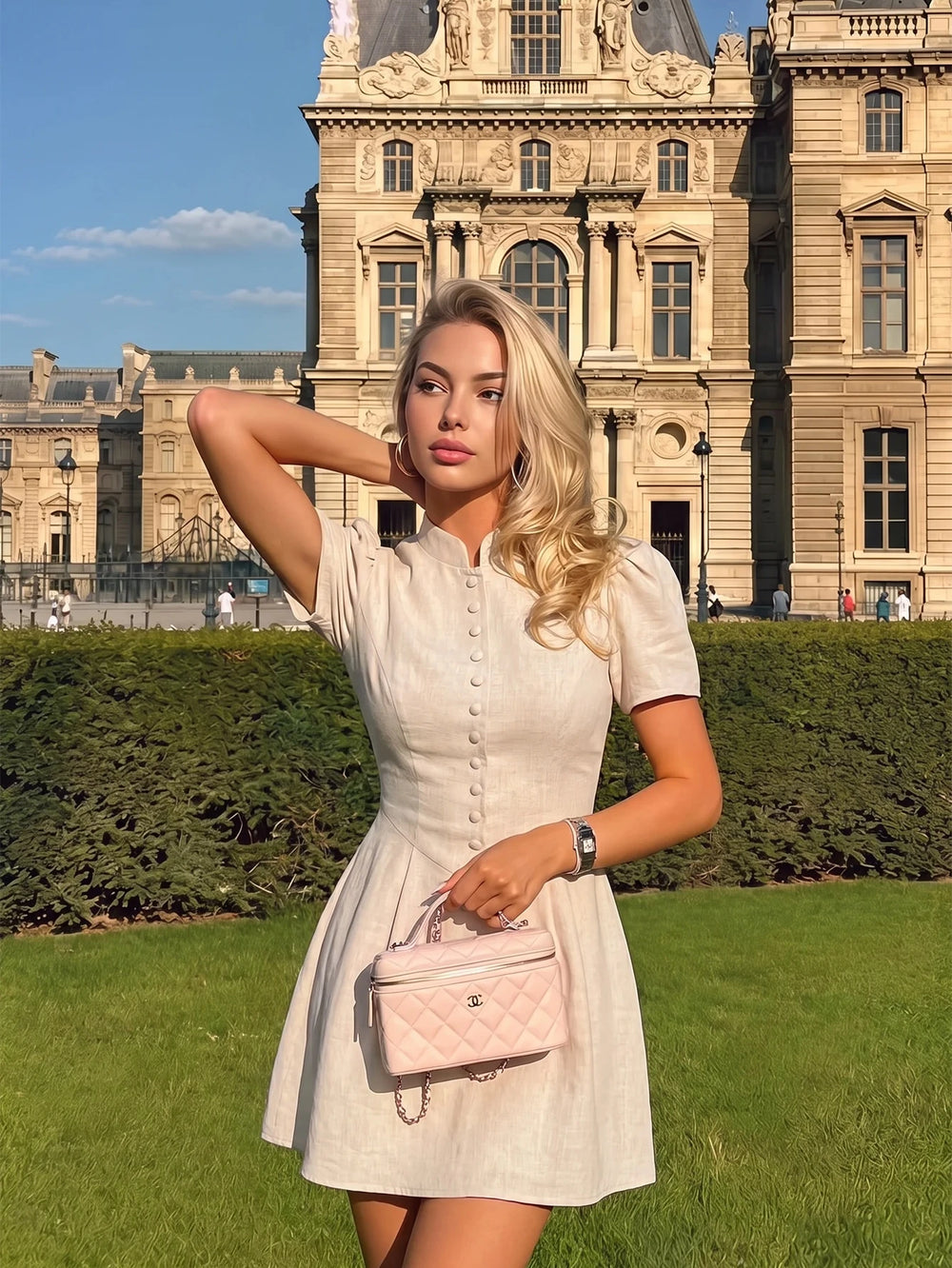 Mujer rubia con vestido corto beige de manga corta y cuello alto posando al aire libre.