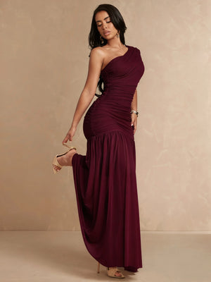 Vestido Largo Asimétrico Fruncido Color Vino