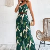 Jumpsuit De Tirantes De Pierna Ancha Con Estampado Tropical Sin Cinturón