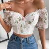 Crop Top Con Bordado Floral De Malla De Manga Farol