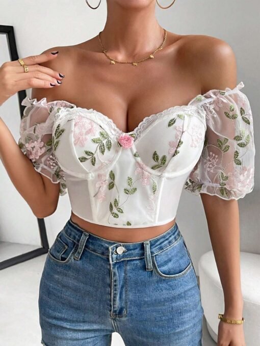 Crop Top Con Bordado Floral De Malla De Manga Farol