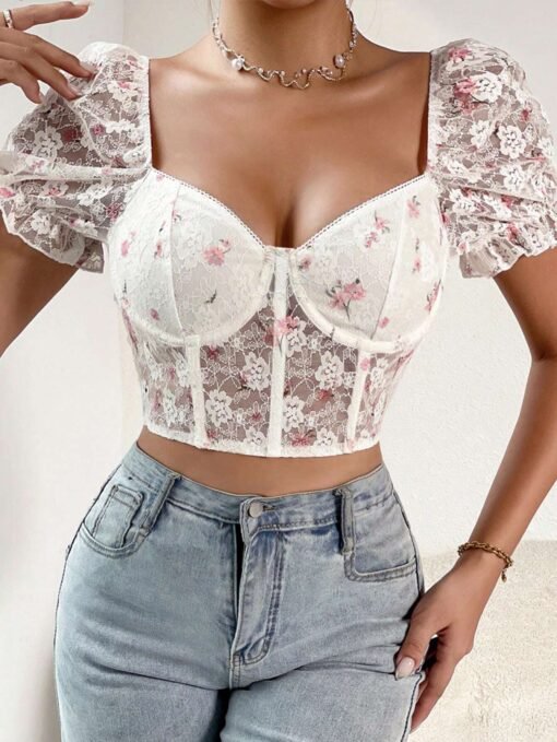 Top Con Bordado Floral De Manga Farol Crop Con Encaje