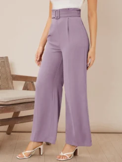 Pantalones De Pierna Ancha Unicolor Con Cinturón Lila