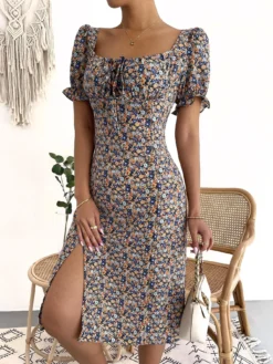 Vestido Floral De Manga Farol Pecho Con Fruncido