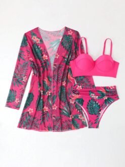 Traje De Baño 3 Piezas Fucsia Bikini Sujetador Push Up & Kimono