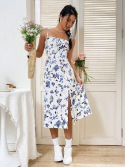 Vestido Con Tirantes Delgados Y Estampado De Flores