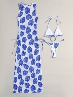 Vista completa del conjunto de bikini con top halter y braguitas de corte bajo.