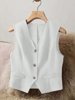 Imagen frontal del chaleco blanco casual con diseño de botón.