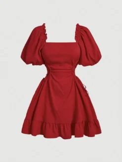 Vestido corto rojo bohemio con mangas farol – Vista frontal