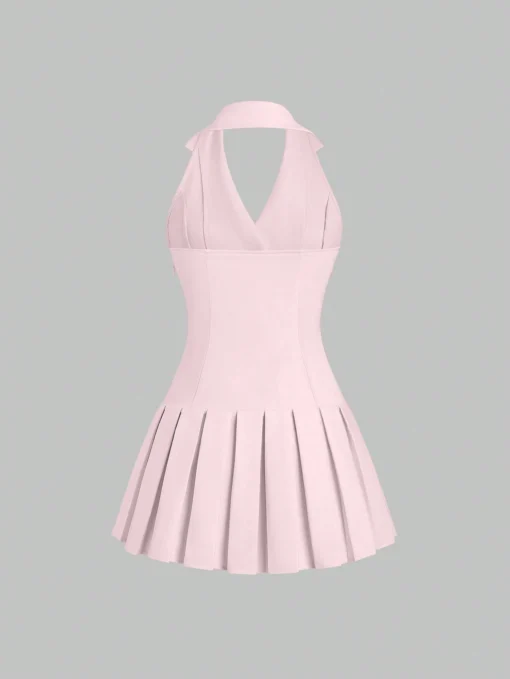 Vestido corto Rosa con solapa y plisado