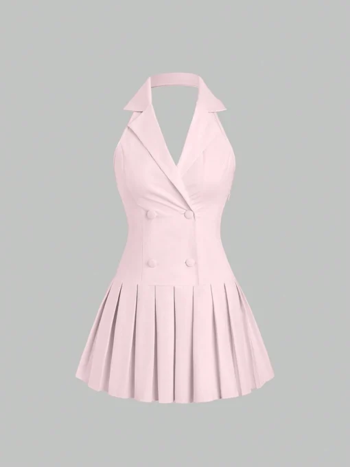 Vestido corto Rosa con solapa y plisado