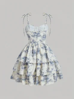Vista trasera del vestido corto azul y blanco con escote recto y falda en capas