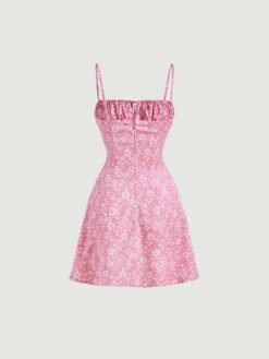 Parte trasera del vestido mini bohemio floral con cierre y corte ajustado.
