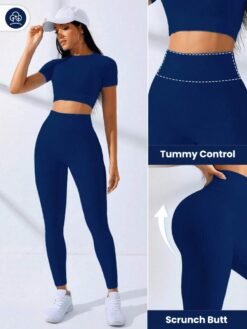 Imagen informativa del set deportivo azul destacando scrunch butt y control abdominal.
