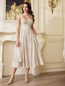 Vista frontal del vestido albaricoque midi elegante con tirantes anchos