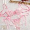 Set de lencería rosa con bordado floral y lazos decorativos – set de lencería rosa