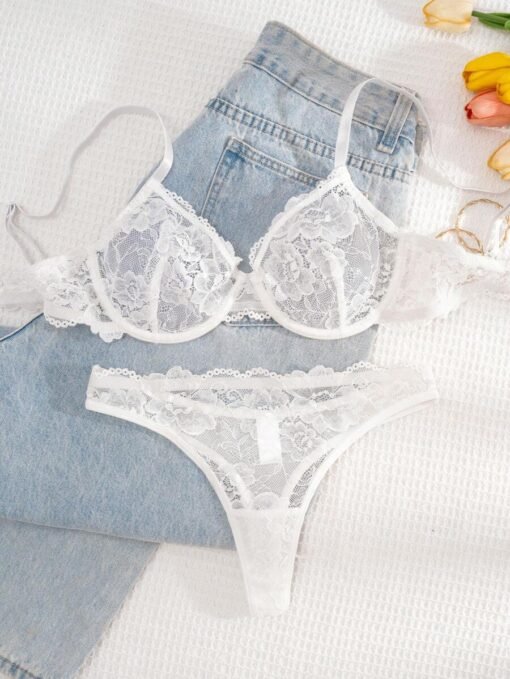 Set De Lencería Blanco Con Encaje Floral Transparente