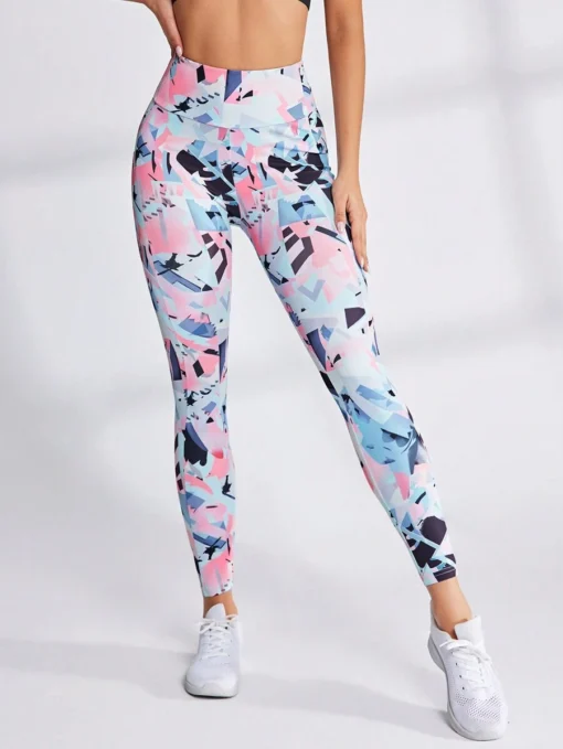 Vista frontal completa de leggings multicolor talle alto con corte largo
