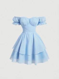 Vestido celeste manga farol con volantes y escote descubierto - vista frontal.