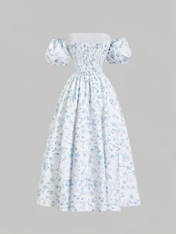 Vista trasera del vestido floral bohemio con fruncido elástico