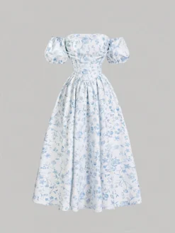 Vestido floral bohemio azul con hombros descubiertos y manga farol