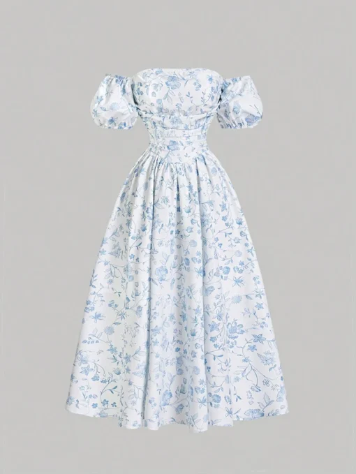 Vestido floral bohemio azul con hombros descubiertos y manga farol