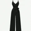 Mono elegante negro con tirantes finos y cinturón – mono elegante negro