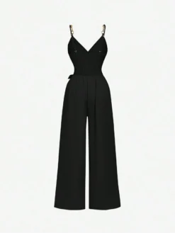 Vista trasera del mono elegante negro con espalda fruncida – mono elegante negro