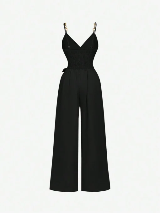 Vista trasera del mono elegante negro con espalda fruncida – mono elegante negro