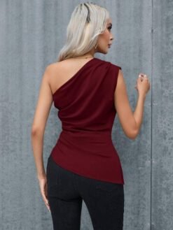Vista trasera de blusa asimétrica marrón elegante – blusa asimétrica marrón