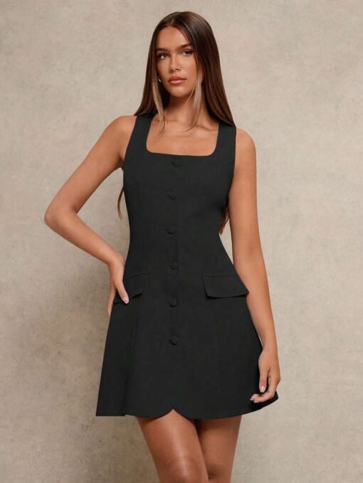 Detalle del escote cuadrado del vestido negro elegante.