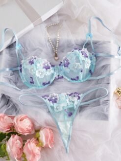 Conjunto sexy de lencería multicolor de 2 piezas con bordado floral.