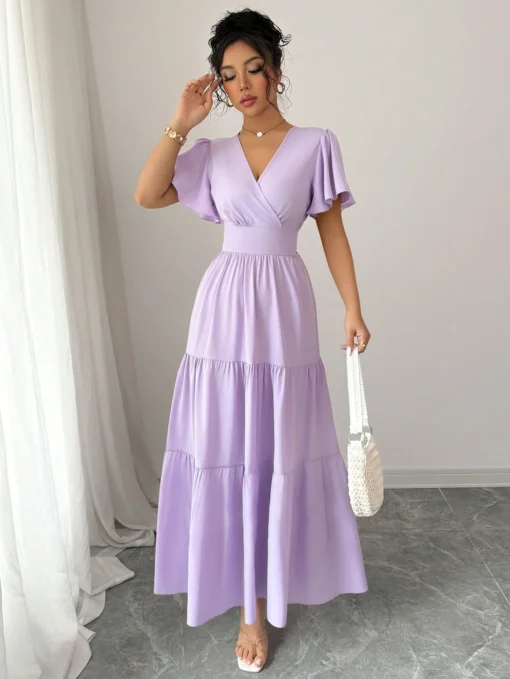 Vestido Largo Lila Con Manga Corta Y Escote En V