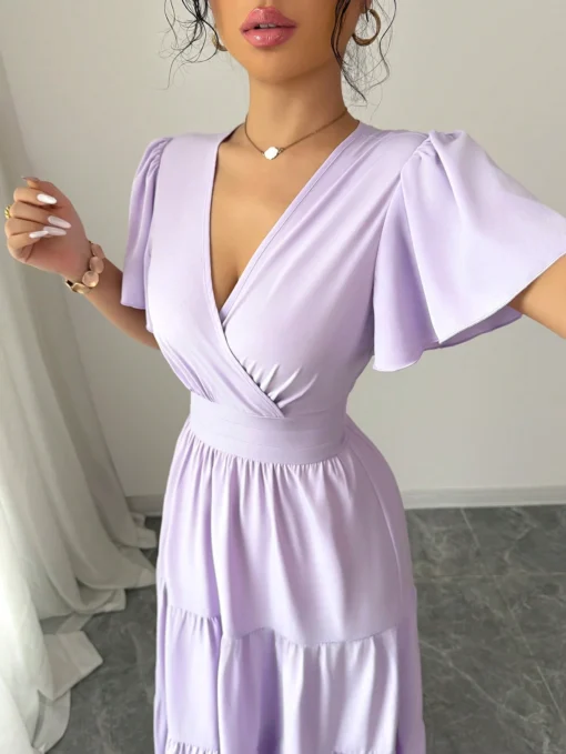Vestido Largo Lila Con Manga Corta Y Escote En V - Image 3